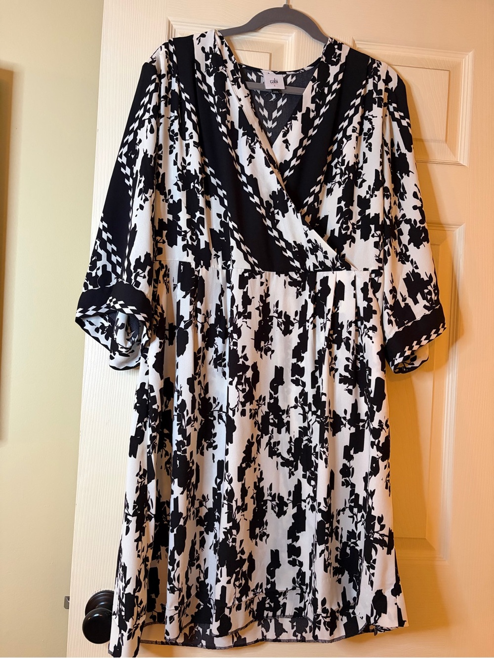 CAbi Black and White Floral Faux-Wrap Long Sleeve Dress